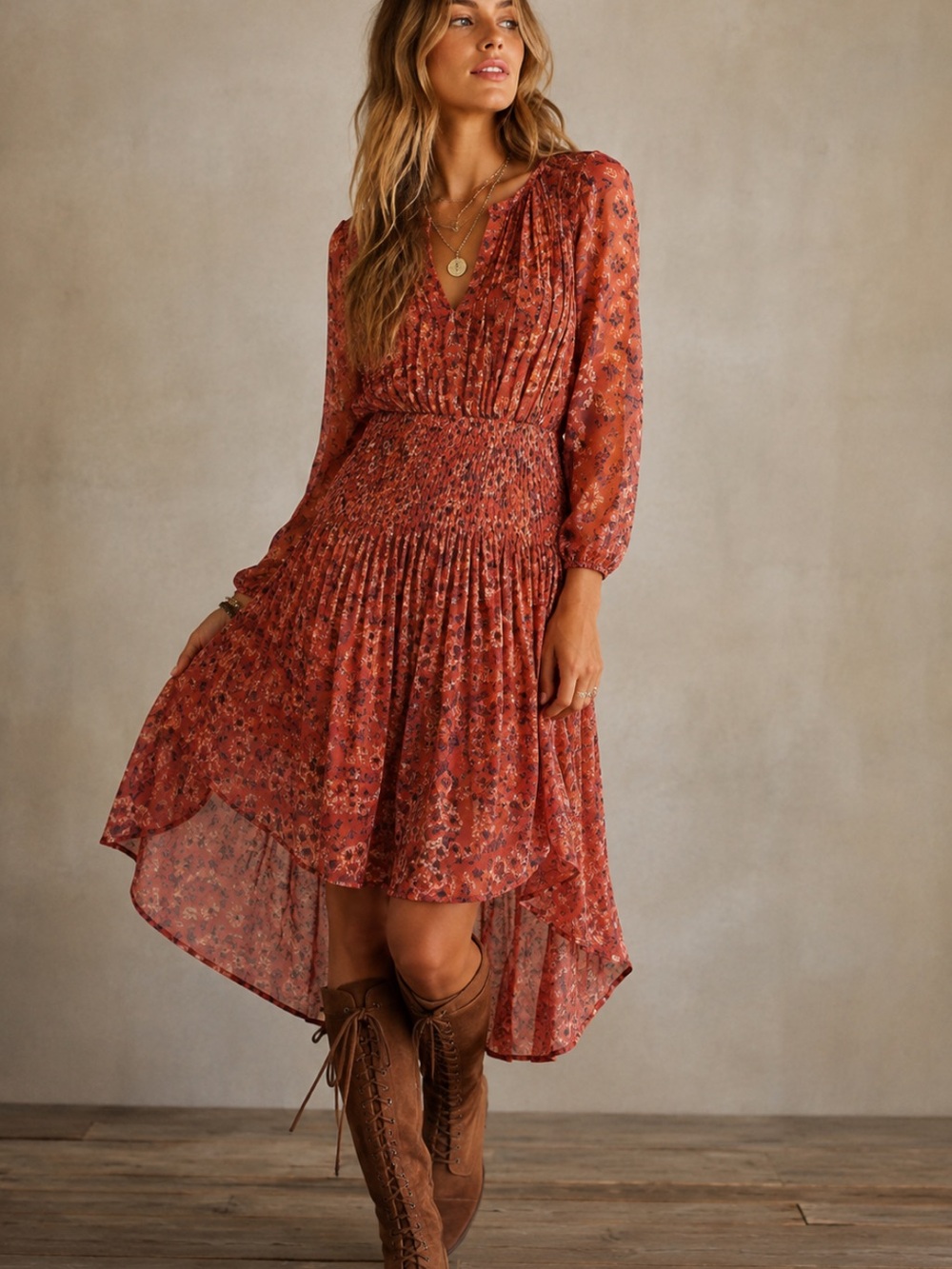 Free People Open Waters Charlotte Long Sleeve Dress Oxide Size XS